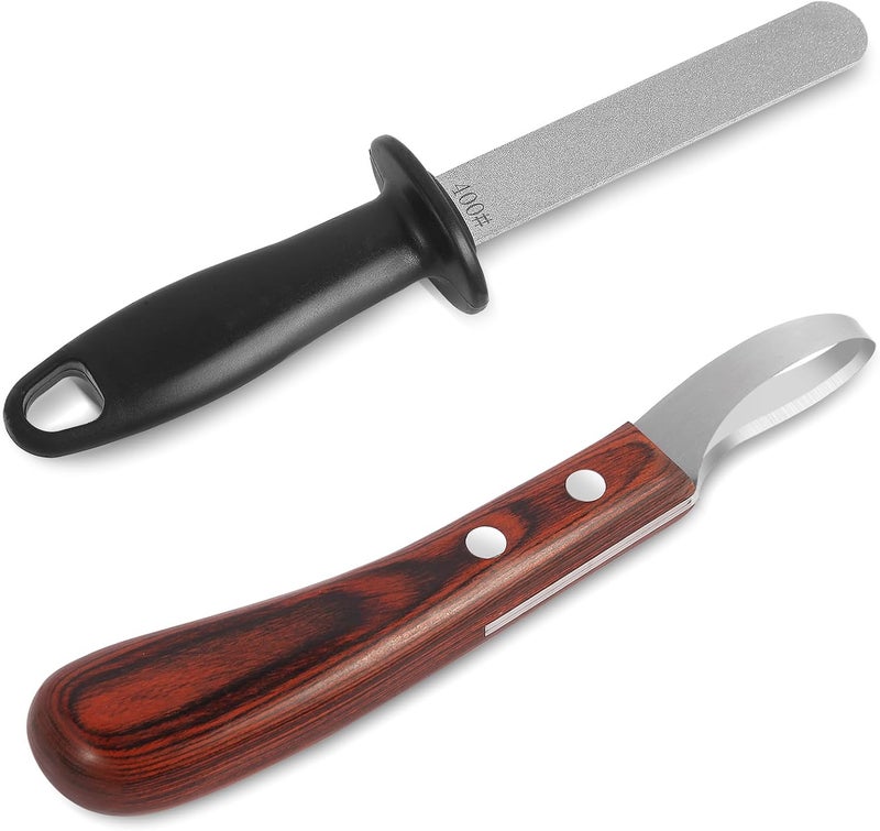 YAHIKI Hoof Knife with Sharpener,Farrier Tool Kit,Double Edged Hoof Trimming Knife with Wooden Handle, High-Carbon Steel Blade Hoof Knife for Horses - Image 1